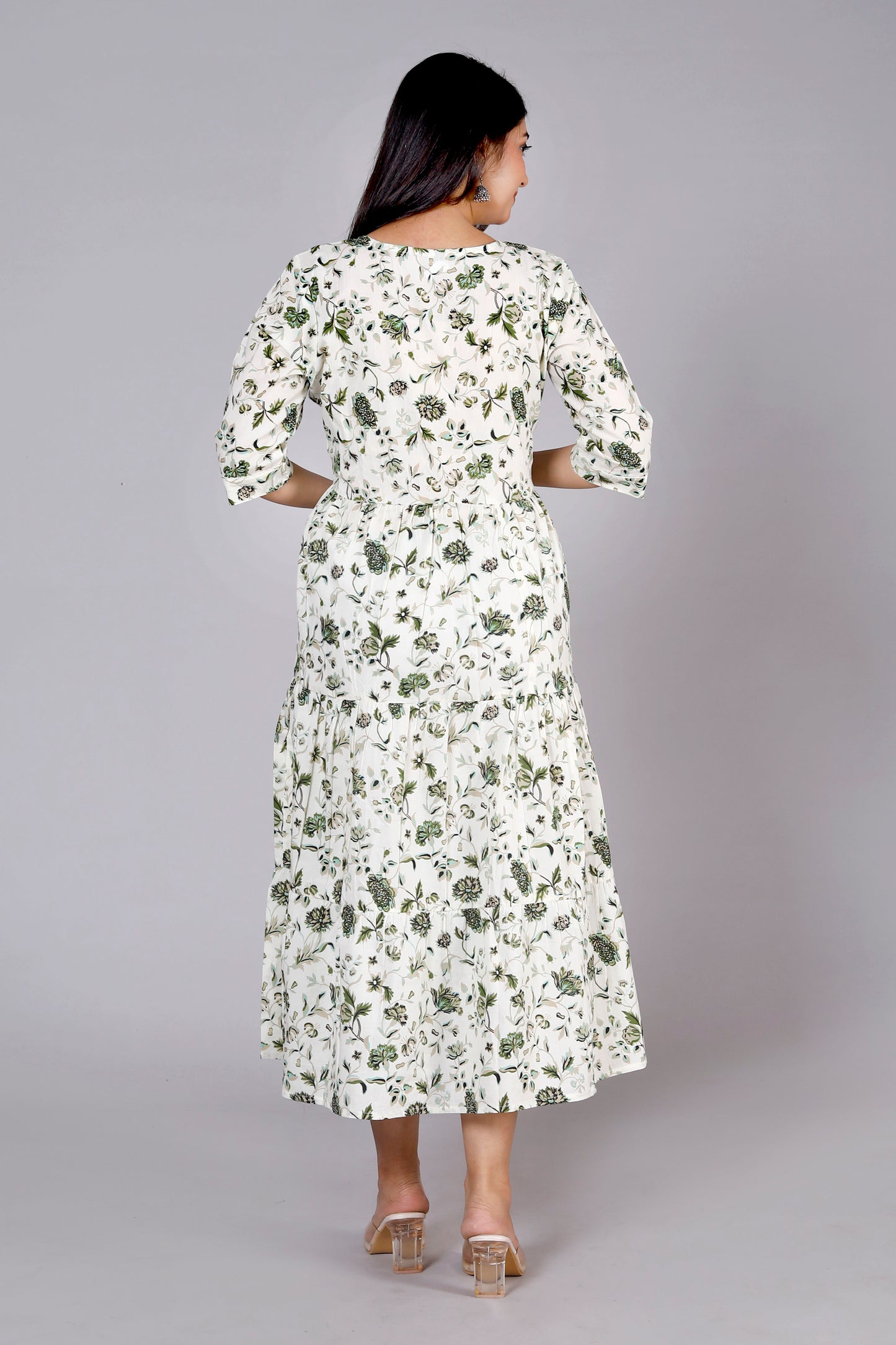 Akrish Pure Cotton Leaf Print Anarkali Midi Dress for Women | Elegant Summer & Casual Wear