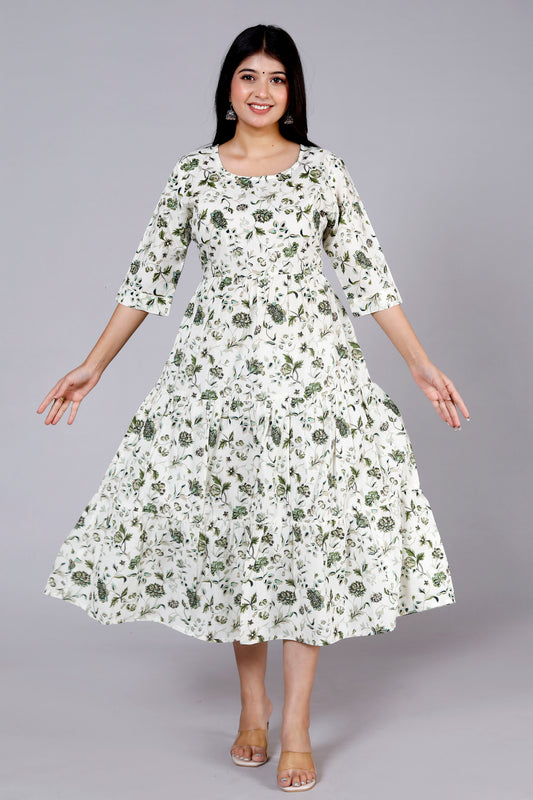 Akrish Pure Cotton Leaf Print Anarkali Midi Dress for Women | Elegant Summer & Casual Wear