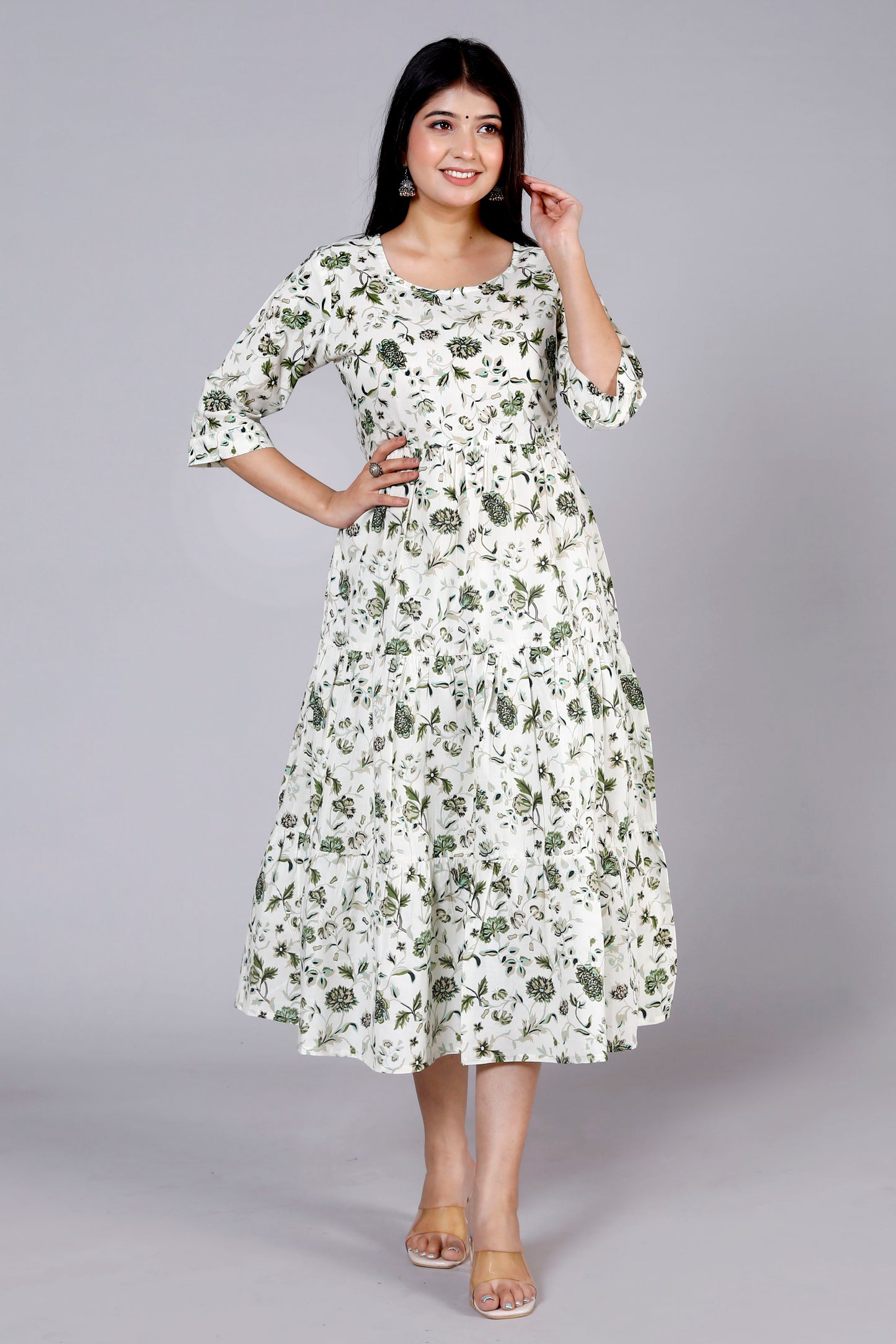 Akrish Pure Cotton Leaf Print Anarkali Midi Dress for Women | Elegant Summer & Casual Wear