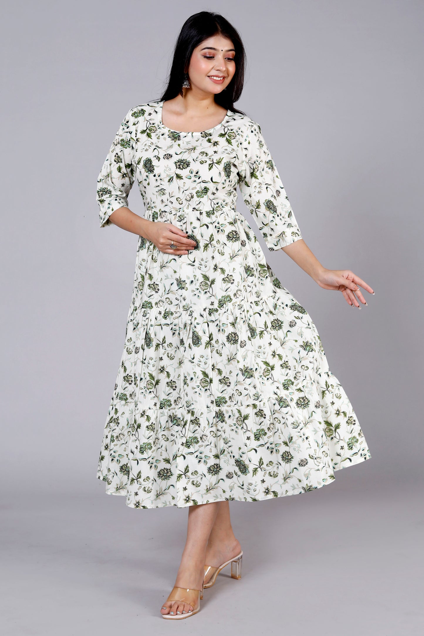 Akrish Pure Cotton Leaf Print Anarkali Midi Dress for Women | Elegant Summer & Casual Wear