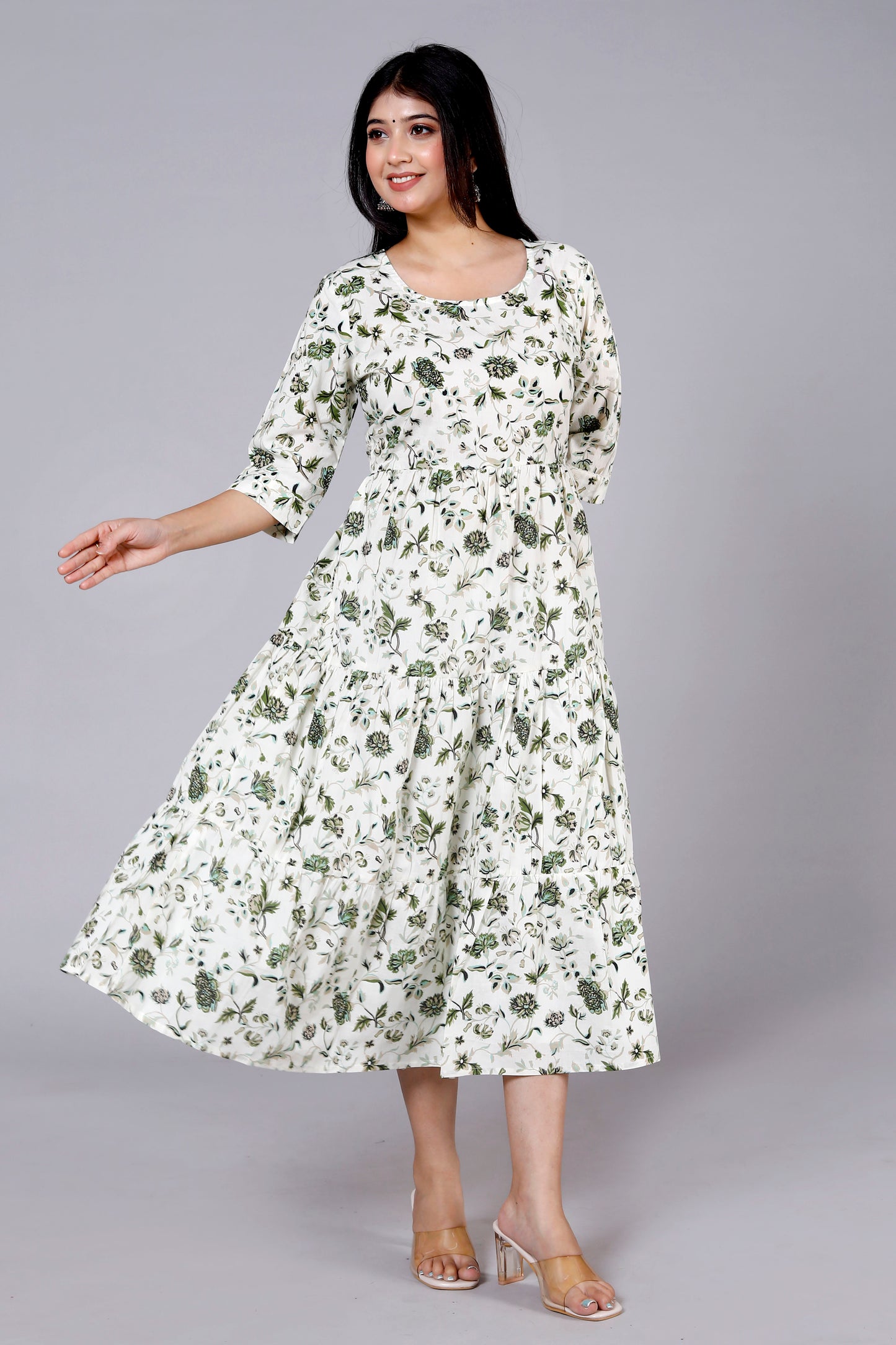 Akrish Pure Cotton Leaf Print Anarkali Midi Dress for Women | Elegant Summer & Casual Wear