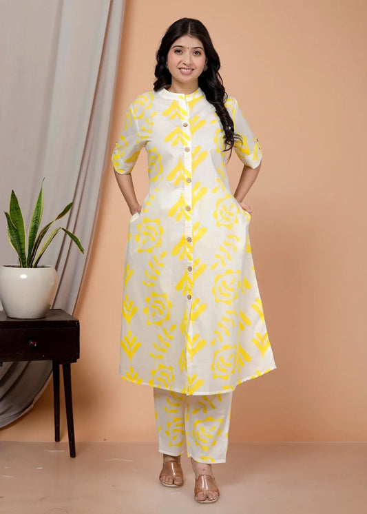 Yellow Printed Kurta Set for Women Akrish