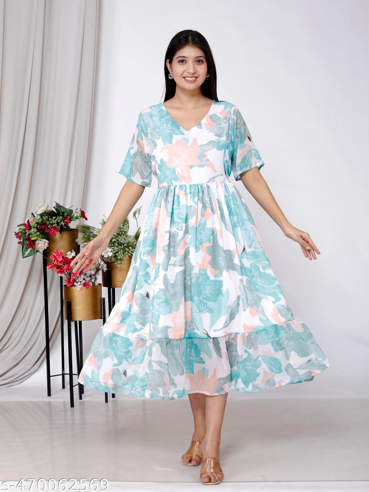 Akrish Pure Cotton Floral Anarkali Dress for Women | Premium Summer Midi Gown in Blue, Yellow, Green & Pink