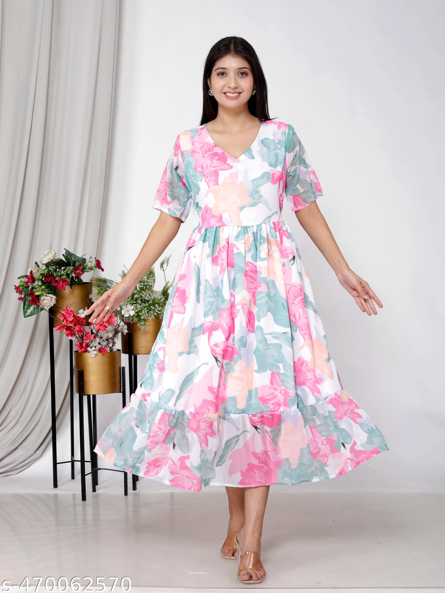 Akrish Pure Cotton Floral Anarkali Dress for Women | Premium Summer Midi Gown in Blue, Yellow, Green & Pink