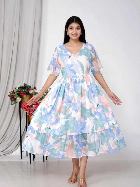 Akrish Pure Cotton Floral Anarkali Dress for Women | Premium Summer Midi Gown in Blue, Yellow, Green & Pink