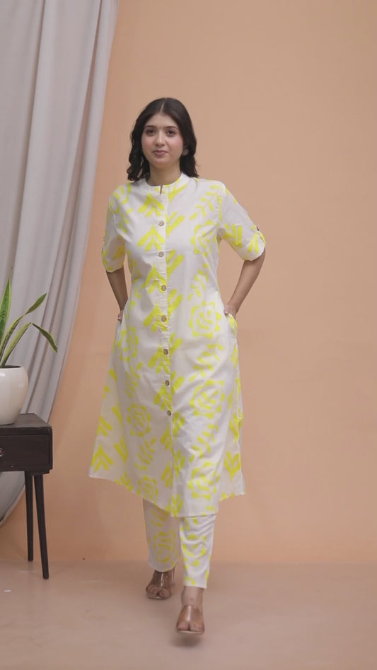 Yellow Printed Kurta Set for Women