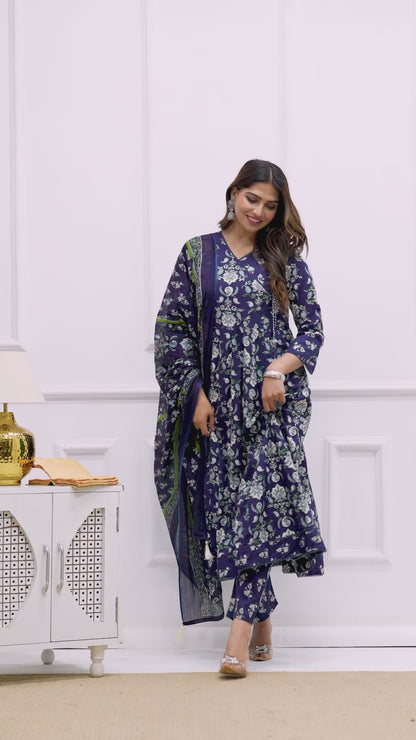 Women's Navy Blue Floral Printed Muslin Anarkali Kurta Set With Pants & Dupatta