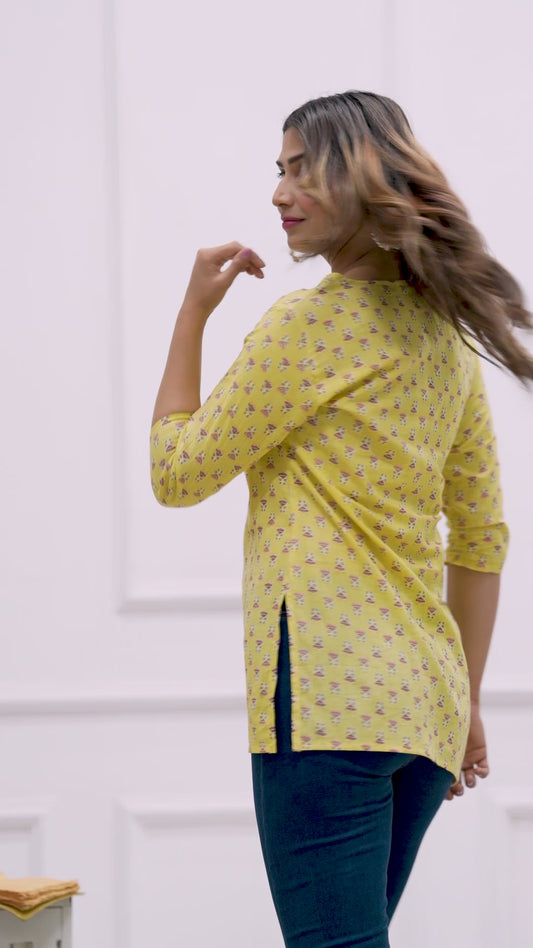Bright Yellow Floral Printed Women’s Kurti – Soft Cotton Straight Fit