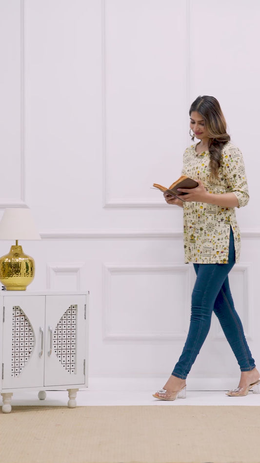 Women’s Cotton Printed Kurti – Stylish Beige Warli Art Design, 3/4th Sleeves, Casual & Office Wear Tunic Top