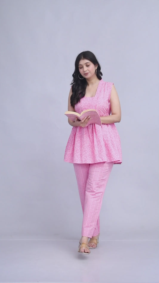 Pink Sleeveless Peplum Top & Straight Pant Cotton Coord Set for Women | Trendy Casual Wear