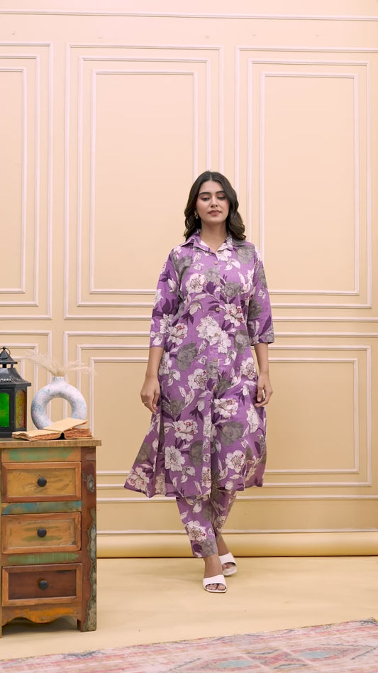 Women’s Lavender Floral Printed Co-ord Set