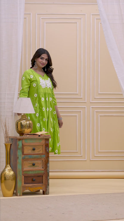 Lime Green Cotton Kurta Pant Set with White Thread Embroidery – Elegant Daily Wear Collection