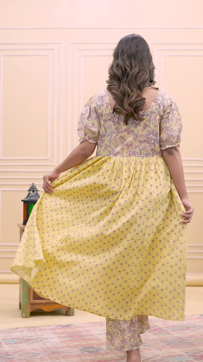 Yellow Floral Printed Overlay Kurta Pant Set with Puff Sleeves – Elegant Indo-Western Fusion Wear