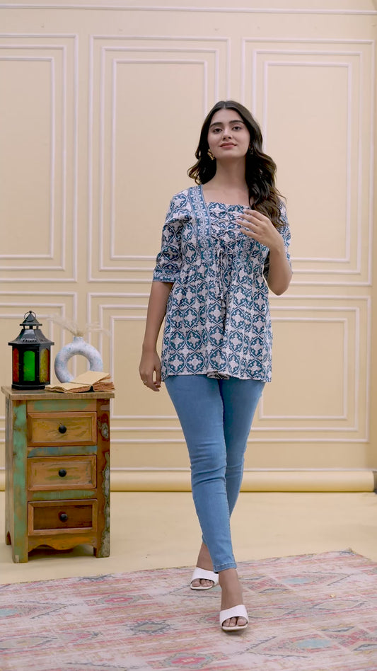 Blue & White Ethnic Printed Women’s Tunic Top | Tie-Front Gathered Kurti Top with 3/4 Sleeves | Comfortable Daily & Casual Wear