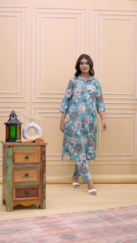 Women’s Teal Blue Floral Printed Co-ord Set