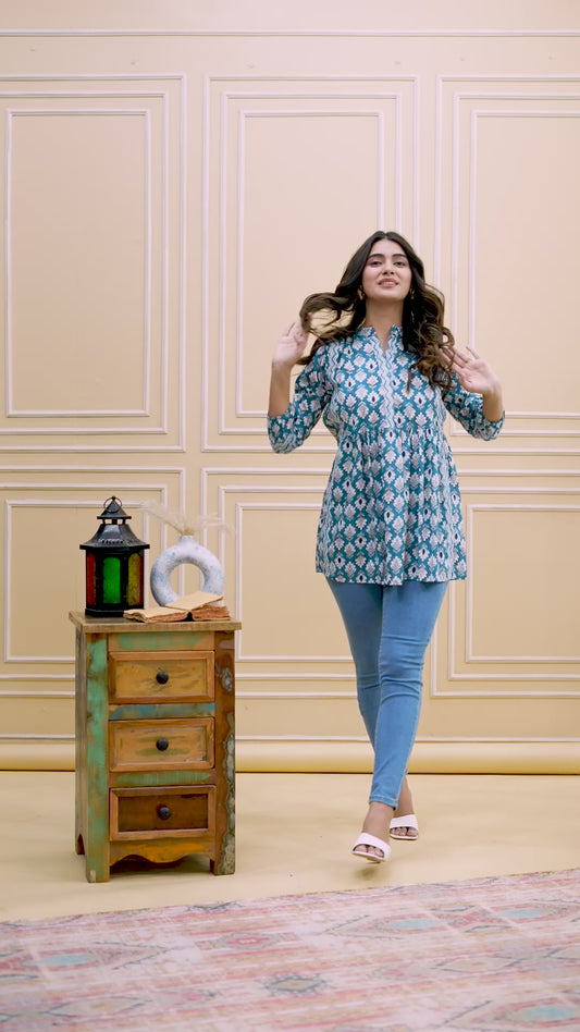 Teal Blue Ethnic Printed Empire-Cut Women’s Top | Soft Cotton A-Line Kurti