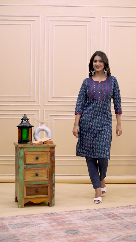 Navy Blue Ikat Printed Kurta Pant Set with Red Detailing – Elegant Daily Wear Set