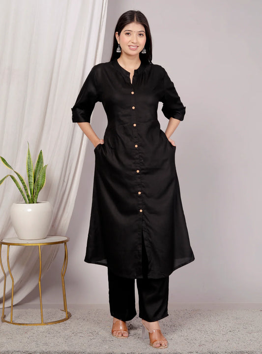 Akrish Plain Black Kurta Palazzo Set for Women | Premium Cotton Solid Suit Set for Daily & Office Wear