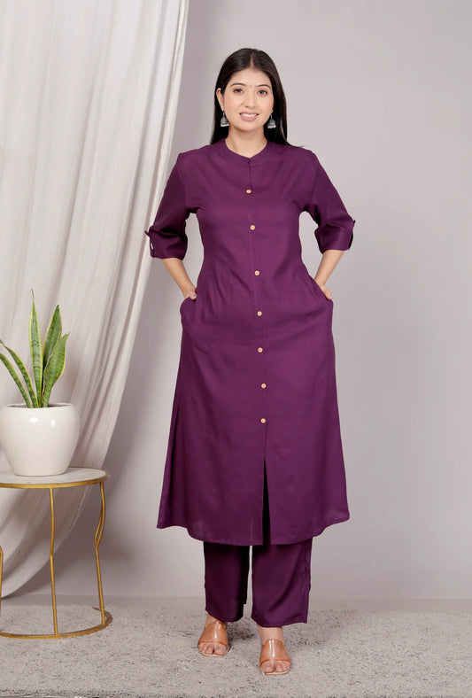 Akrish Wine Plain Kurta Palazzo Set for Women | Elegant Solid Cotton Suit Set for Daily & Office Wear