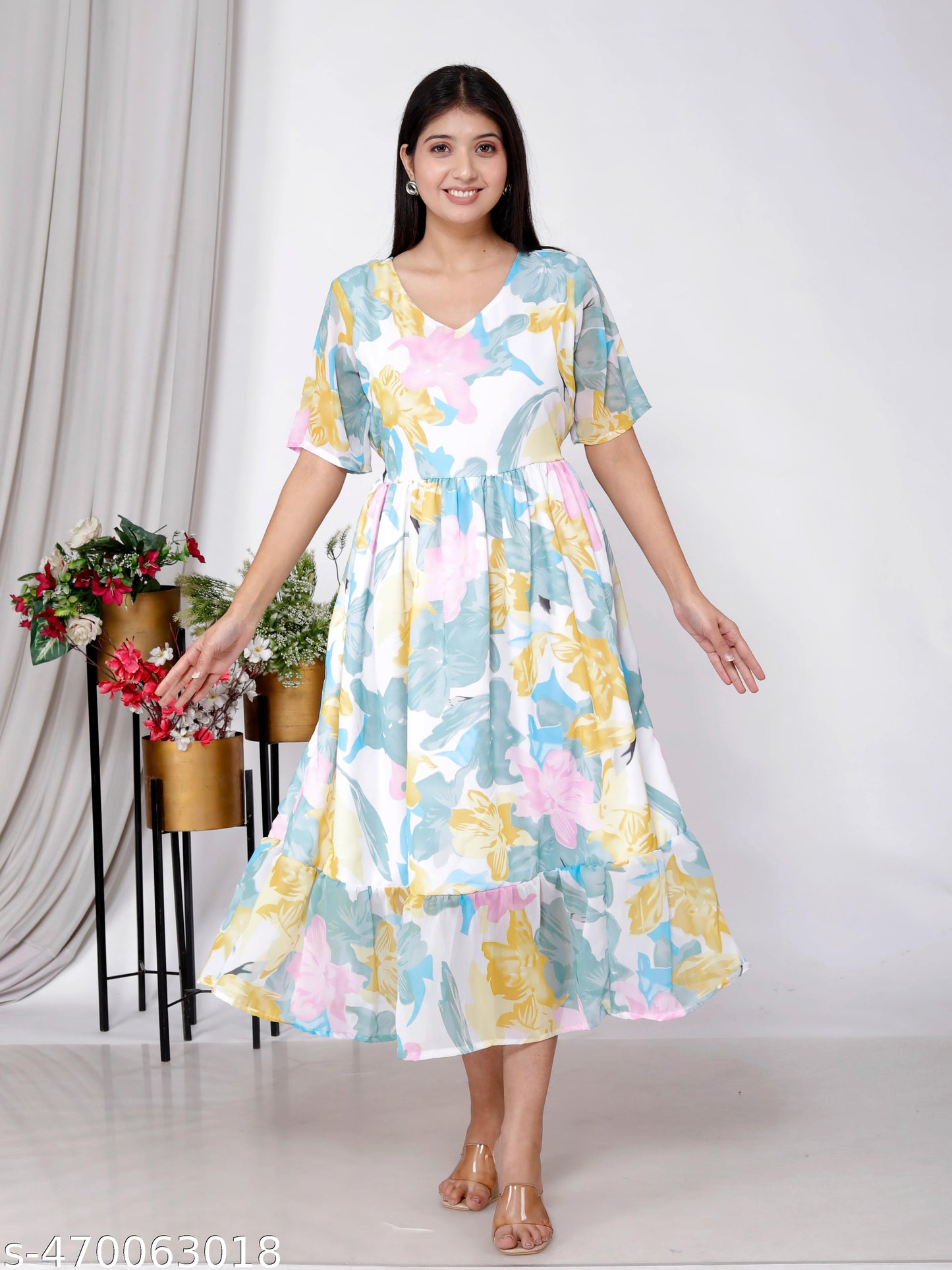Akrish Pure Cotton Floral Anarkali Dress for Women | Premium Summer Midi Gown in Blue, Yellow, Green & Pink